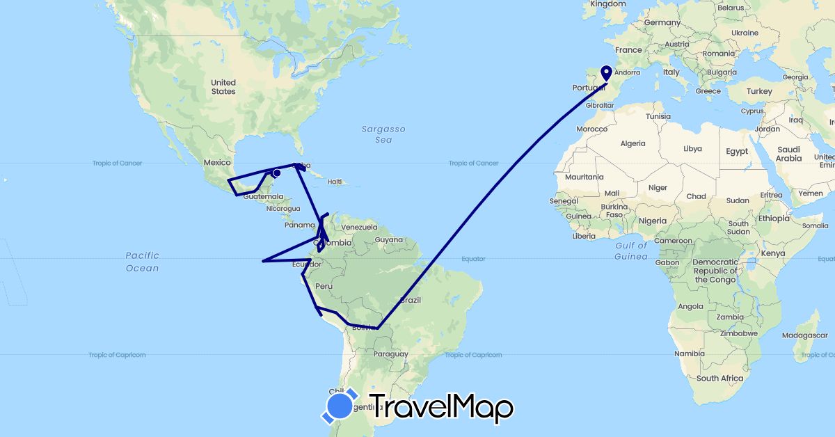 TravelMap itinerary: driving in Bolivia, Colombia, Cuba, Ecuador, Spain, Mexico, Peru (Europe, North America, South America)